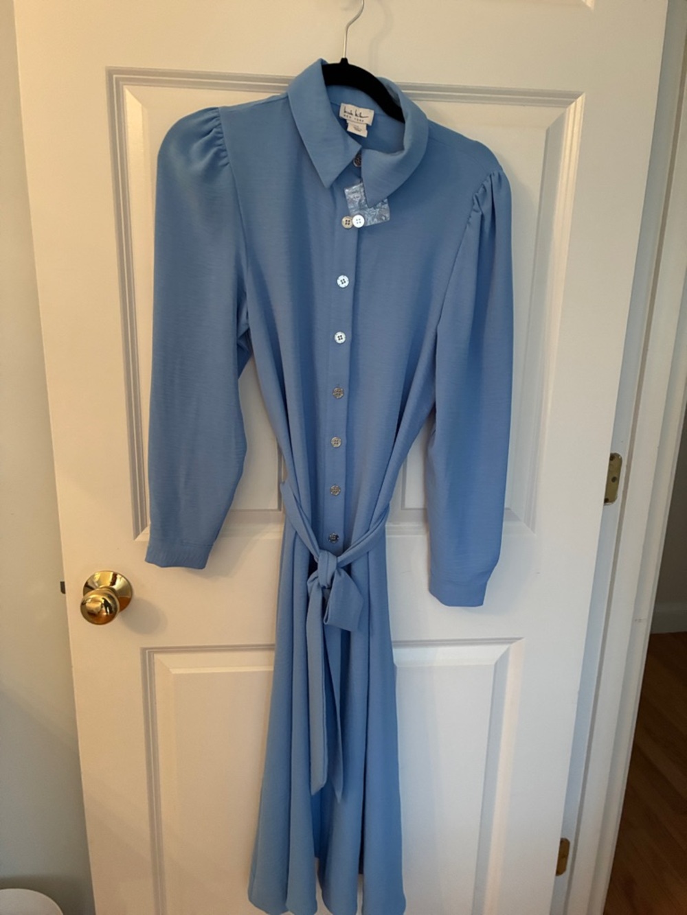 Nicole Miller Powder Blue Button-Front Long Sleeve Dress with Tie Waist